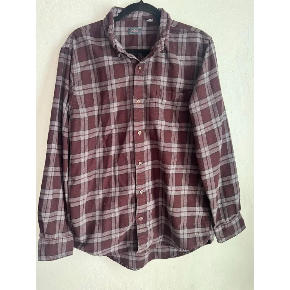 Arrow USA 1851 Men’s Burgundy Gray Plaid Flannel Button Shirt 100% Cotton 0037